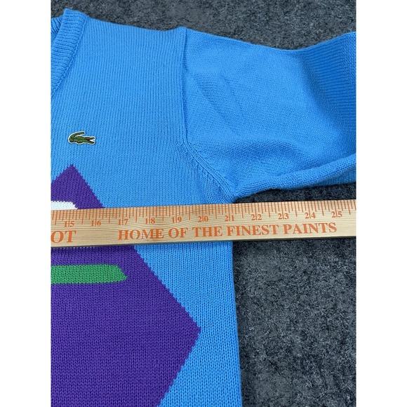Vintage 70s Lacoste Sweater Mens Medium Blue Purple Geometric Print V Neck Gator - Picture 7 of 8